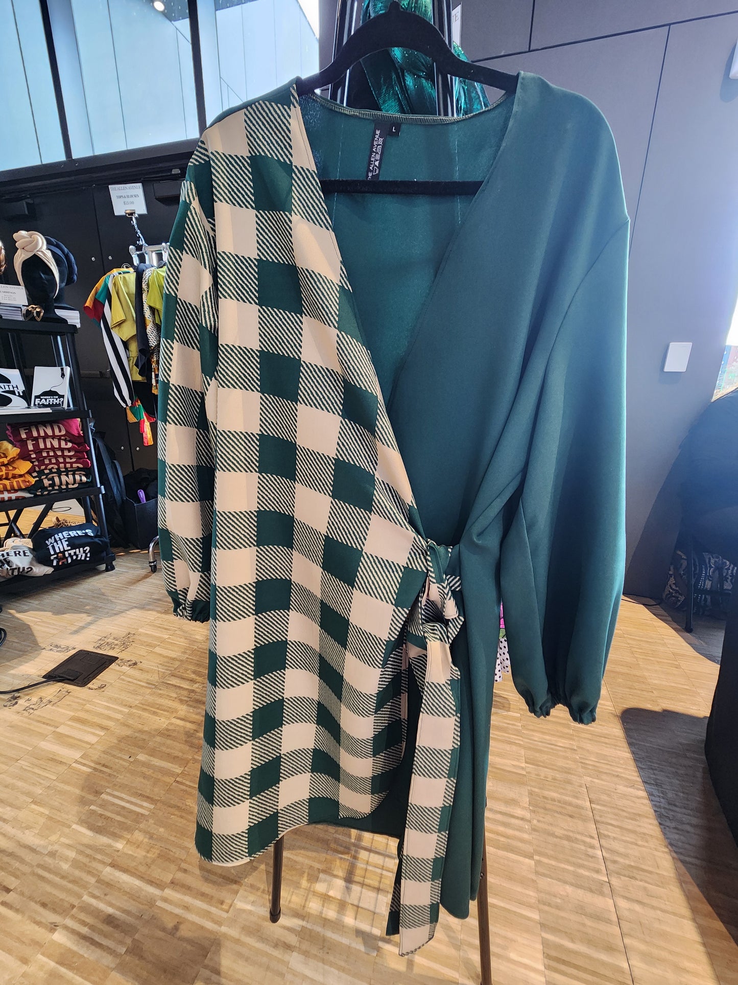 Green and plaid Wrap Dress